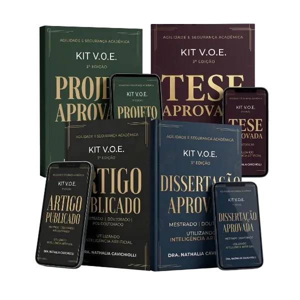 Mockup do Kit V.O.E. Completo: 4 kits combinados (Artigo, Disserta&ccedil;&atilde;o, Tese, Projeto)